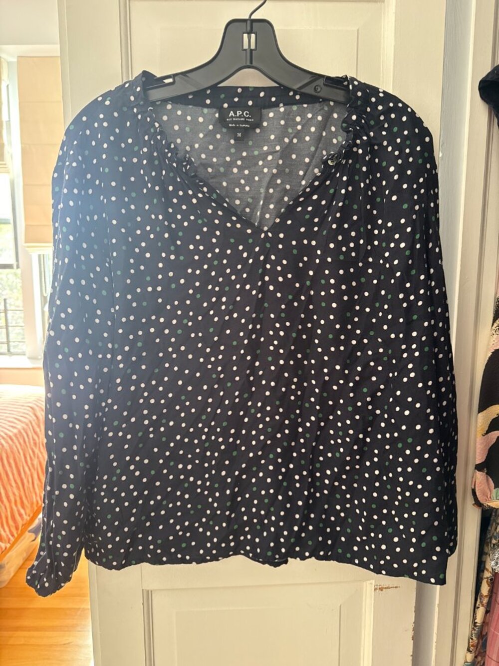 A.P.C. Navy Polka Dot Blouse, Size FR 36 (US 4)